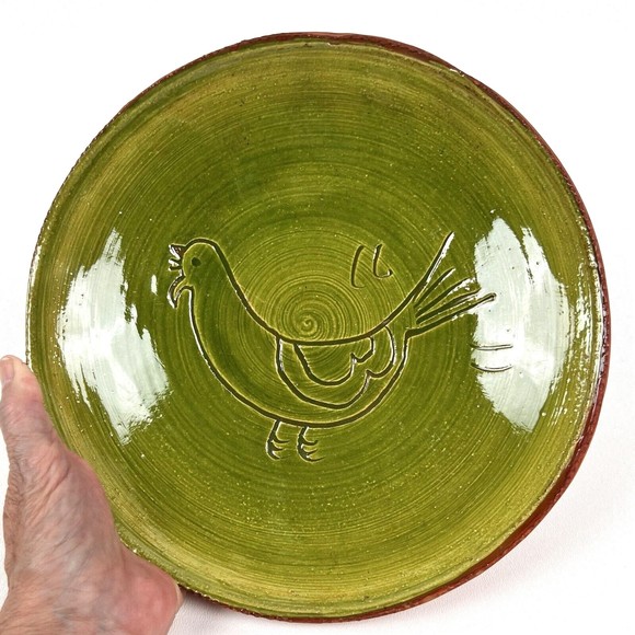 Dorothy Long Pottery Redware Plate 1984 Green Glaze Folk Art Bird Sgraffiti - Picture 3 of 8